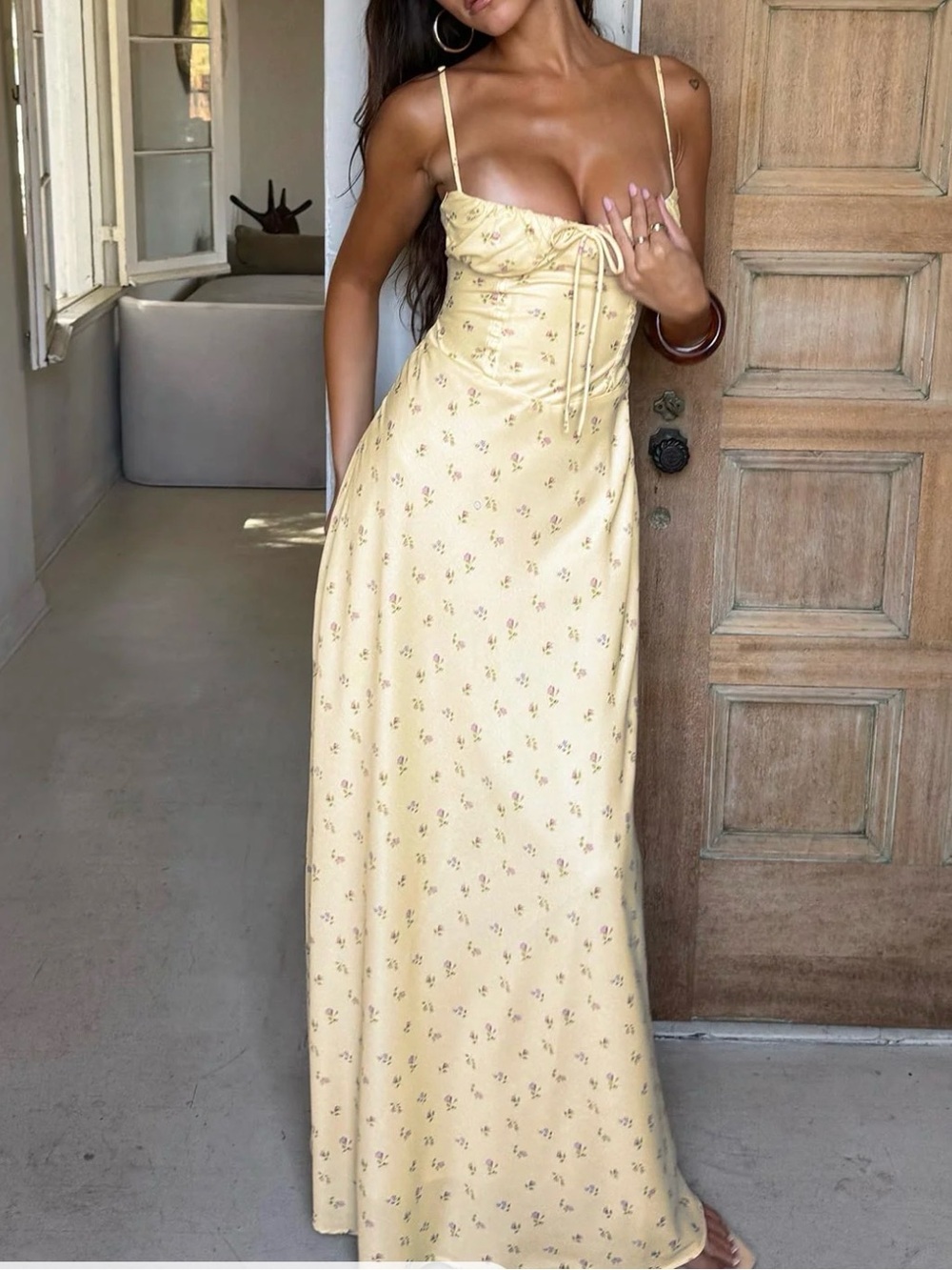 Yellow Floral Slip Maxi Dress with Spaghetti Straps